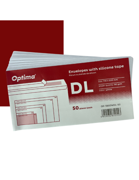 OP-5900WDL-1000,Plic DL (110x220mm), lipire siliconica, 1000 buc/cutie, Optima - alb