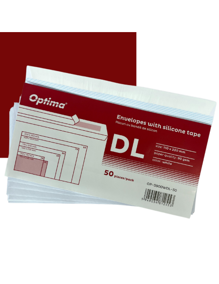 OP-5900WDL-1000,Plic DL (110x220mm), lipire siliconica, 1000 buc/cutie, Optima - alb