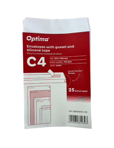 OP-5930WC4-25,Plic C4 (324x229mm), cu burduf 30mm, lipire siliconica, 25 buc/set, Optima - alb