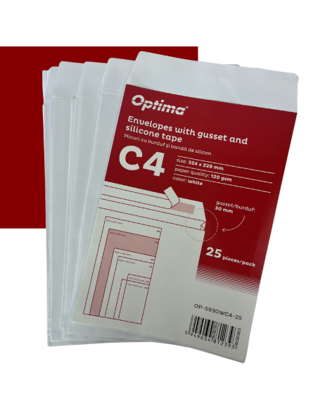 OP-5930WC4-25,Plic C4 (324x229mm), cu burduf 30mm, lipire siliconica, 25 buc/set, Optima - alb