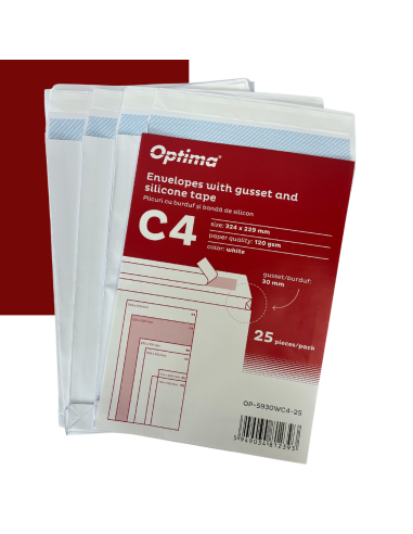 OP-5930WC4-25,Plic C4 (324x229mm), cu burduf 30mm, lipire siliconica, 25 buc/set, Optima - alb