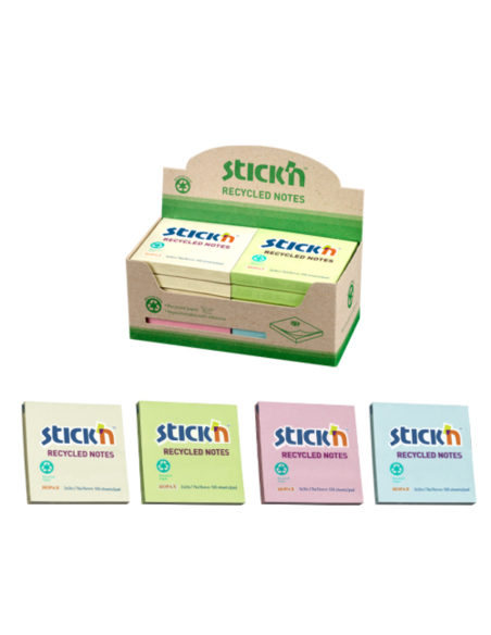 HO-21433,Notes autoadeziv 76 x 76 mm, hartie reciclata, 100 file, 12 buc/cutie, Stick"n – galben pastel