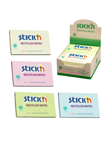 HO-21435,Notes autoadeziv 76 x 127 mm, hartie reciclata, 100 file, 12 buc/cutie, Stick"n – 4 culori pastel