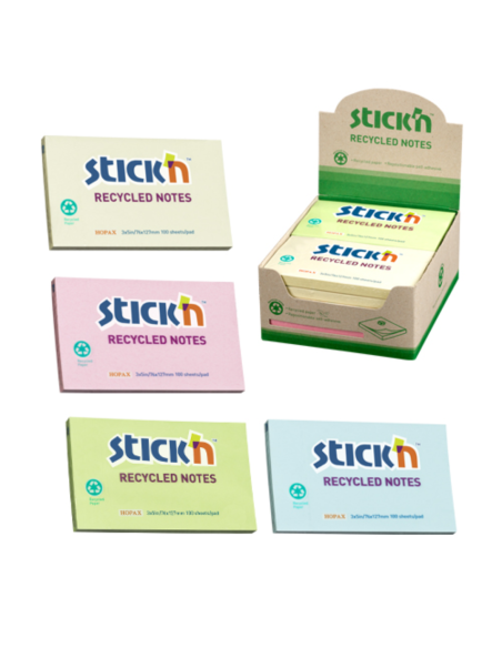 HO-21435,Notes autoadeziv 76 x 127 mm, hartie reciclata, 100 file, 12 buc/cutie, Stick"n – 4 culori pastel