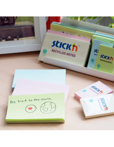 HO-21435,Notes autoadeziv 76 x 127 mm, hartie reciclata, 100 file, 12 buc/cutie, Stick"n – 4 culori pastel
