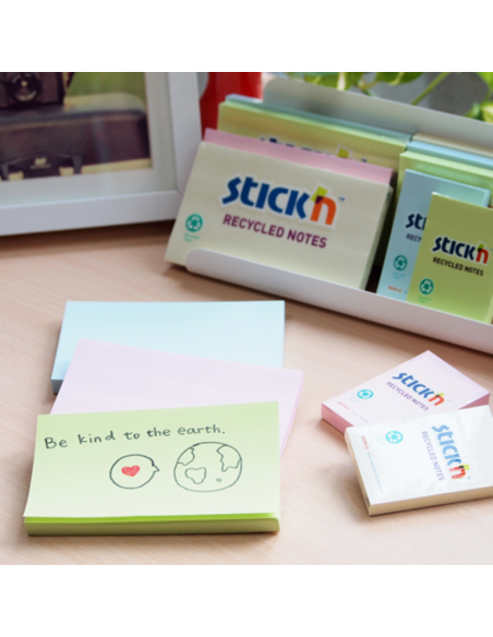 HO-21435,Notes autoadeziv 76 x 127 mm, hartie reciclata, 100 file, 12 buc/cutie, Stick"n – 4 culori pastel