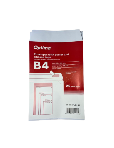 OP-5940WB4-25,Plic B4 (353x250mm), cu burduf 40mm, lipire siliconica, 25 buc/set, Optima - alb