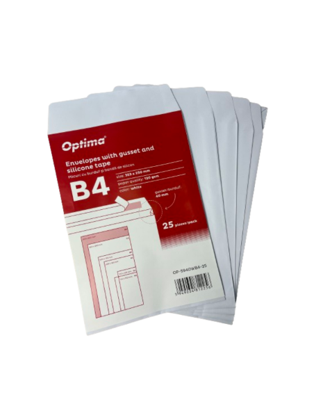 OP-5940WB4-25,Plic B4 (353x250mm), cu burduf 40mm, lipire siliconica, 25 buc/set, Optima - alb