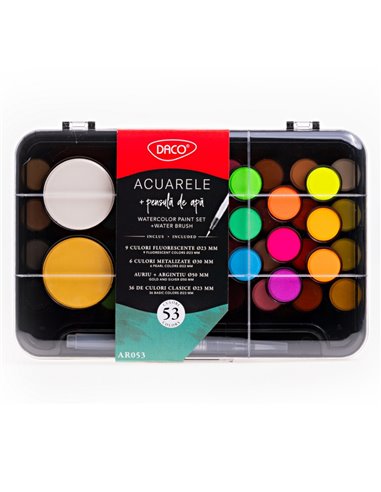 Acuarele Daco AR053, 53 culori ( Fluorescente, Metalizate, Clasice) + Pensula cu Rezervor