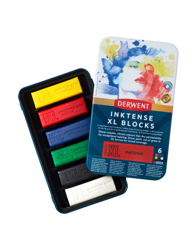 DW2306161,Carbune XL solubil Derwent Inktense, culori diverse, cutie metal, 6 buc/set
