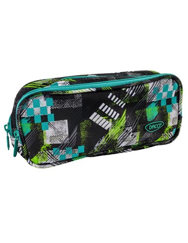Penar etui cu 2 fermoare Daco PE706, Negru cu imprimeu verde si turcoaz
