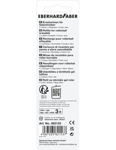 EF582153,Set 3 buc x Mina roller erasable Eberhard Faber, 0.7 mm, Albastra