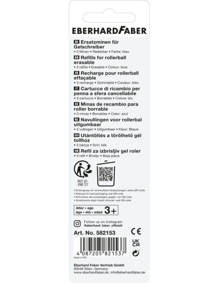 EF582153,Set 3 buc x Mina roller erasable Eberhard Faber, 0.7 mm, Albastra