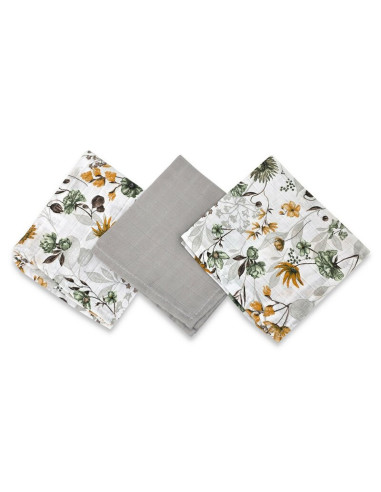 BN-6426972030649,Set 3 museline, Qmini, Multifunctionale, Din bumbac certificat Oeko Tex Standard 100, 30x30 cm, Botanica si Gre