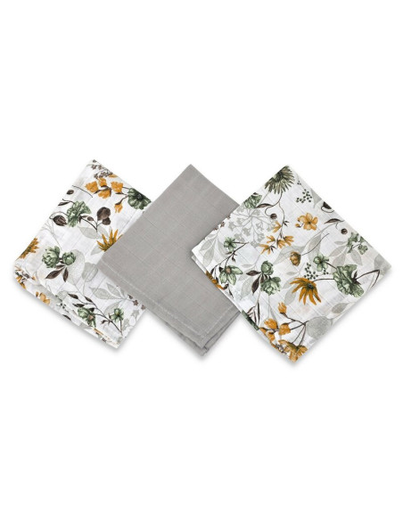 BN-6426972030649,Set 3 museline, Qmini, Multifunctionale, Din bumbac certificat Oeko Tex Standard 100, 30x30 cm, Botanica si Gre