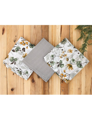 BN-6426972030649,Set 3 museline, Qmini, Multifunctionale, Din bumbac certificat Oeko Tex Standard 100, 30x30 cm, Botanica si Gre