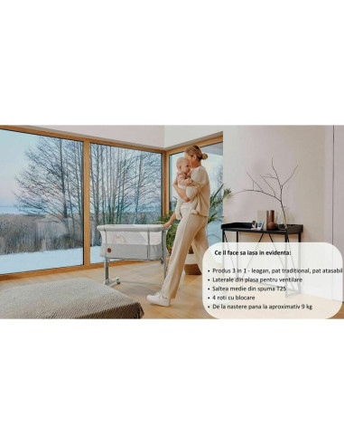 BN-LO-AURORA_BEIGE_TAUPE,Patut co-sleeper, Lionelo, Aurora, 3 in 1, Cu leganare si setare unghiulara, Saltea cu densitate T25 si