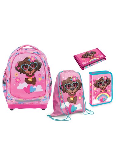 Set micul scolar S-COOL SC3367: Ghiozdan, Penar echipat, Sac sport, Portofel, Happy rainbow