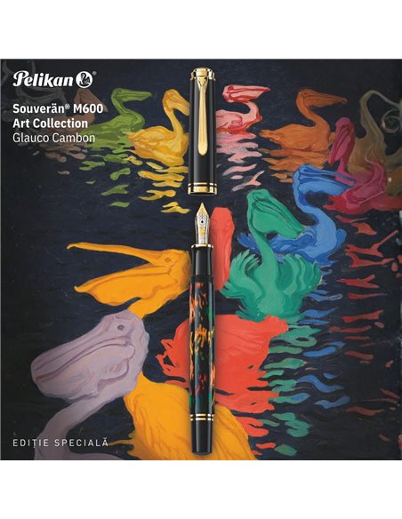 Stilou Pelikan Souveran M600 EF Art Collection Glauco Cambon, penita aur 14K, accesorii placate aur 24K, cutie cadou, Negru