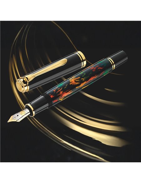 Stilou Pelikan Souveran M600 EF Art Collection Glauco Cambon, penita aur 14K, accesorii placate aur 24K, cutie cadou, Negru
