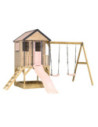 M60PP,Casuta de gradina Pastel Pink Adventure Cottage cu platforma, tobogan si leagan dublu (M60PP), Wendi Toys