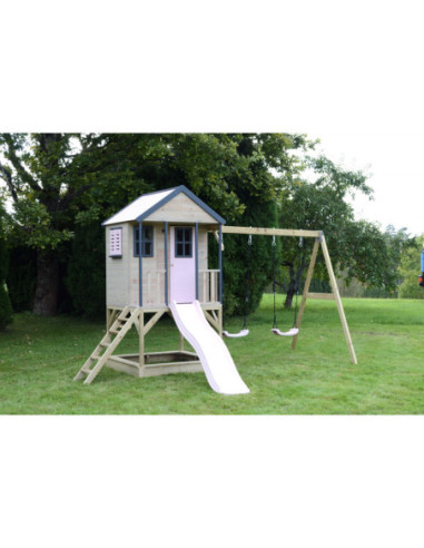 M60PP,Casuta de gradina Pastel Pink Adventure Cottage cu platforma, tobogan si leagan dublu (M60PP), Wendi Toys