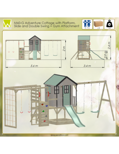 M60PP_G,Casuta de gradina Pastel Pink Adventure Cottage cu platforma, tobogan, leagan dublu si modul sport (M60PP_G), Wendi Toys