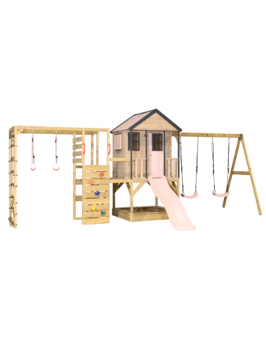 M60PP_G,Casuta de gradina Pastel Pink Adventure Cottage cu platforma, tobogan, leagan dublu si modul sport (M60PP_G), Wendi Toys