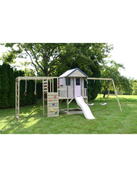 M60PP_G,Casuta de gradina Pastel Pink Adventure Cottage cu platforma, tobogan, leagan dublu si modul sport (M60PP_G), Wendi Toys