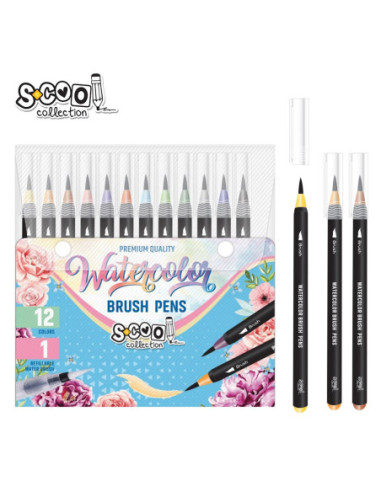 SC2398,Set markere cu varf tip pensula pe baza de apa + pensula cu rezervor, 12+1 - S-COOL