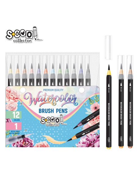 SC2398,Set markere cu varf tip pensula pe baza de apa + pensula cu rezervor, 12+1 - S-COOL
