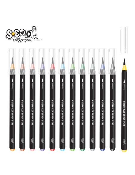 SC2398,Set markere cu varf tip pensula pe baza de apa + pensula cu rezervor, 12+1 - S-COOL