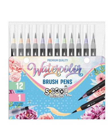 SC2398,Set markere cu varf tip pensula pe baza de apa + pensula cu rezervor, 12+1 - S-COOL