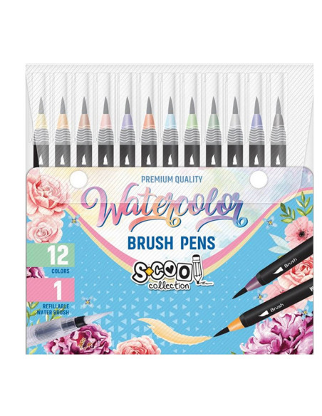 SC2398,Set markere cu varf tip pensula pe baza de apa + pensula cu rezervor, 12+1 - S-COOL