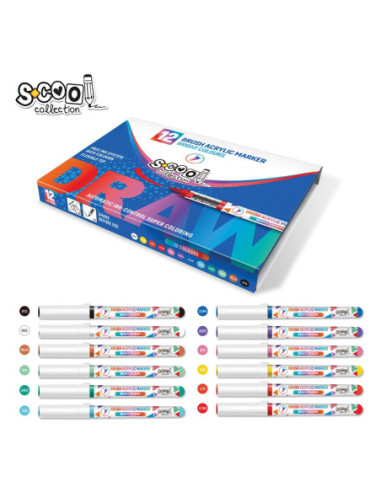 SC3013,Markere cu vopsea acrilica, varf tip pensula, 12 buc/set - S-COOL