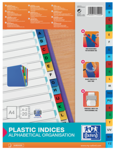 100204724,Index plastic alfabetic oxford a4 a-z 20f/set alb margine color