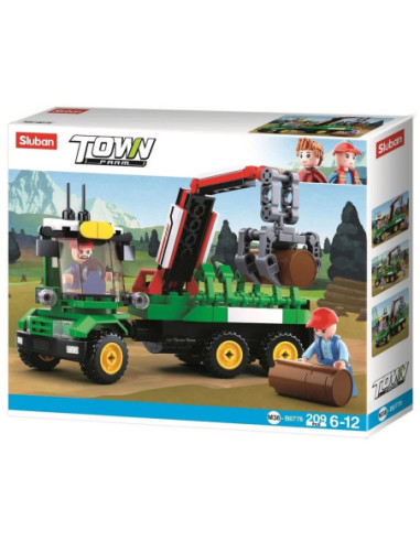 M38-B0778,Set de constructie Farm, 209 piese, Tractor cu remorca lemne - Sluban