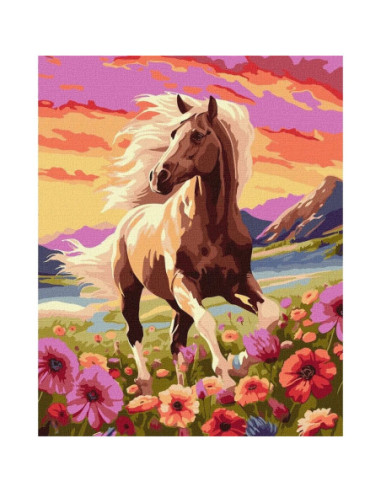 KHO6584,Pictura pe numere cu sasiu Animale Flori Cal grațios &icircn flori 40x50 cm KHO6584