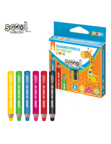 SC2685,Creioane color JUMBO 8 mm + ascutitoare, 6 cul/set - S-COOL
