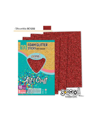 SC1232,Hartie buretata, adeziva, glitter, rosie, 10 buc/set- S-COOL
