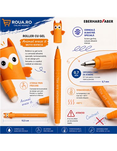 Roller cu cerneala termosensibila albastra Eberhard Faber Animal erase it, 0.7 mm, Bufnita