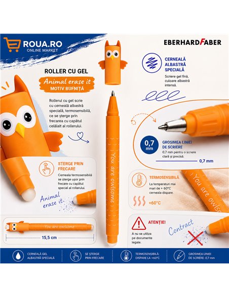 Roller cu cerneala termosensibila albastra Eberhard Faber Animal erase it, 0.7 mm, Bufnita