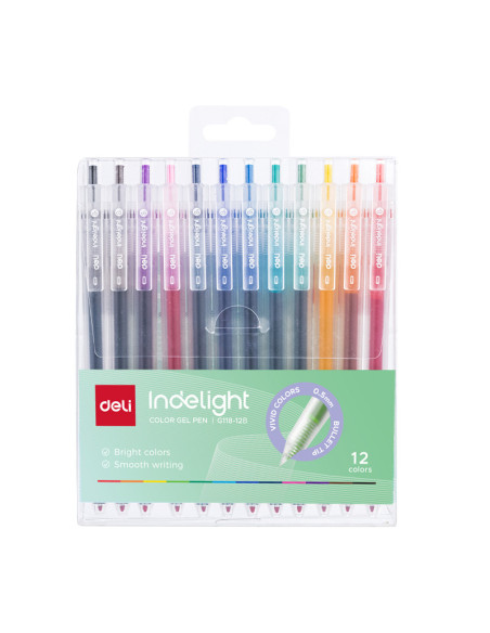DLEG118-12B,Set 12 pixuri cu gel cu mecanism 0.5mm diverse culori indelight Deli