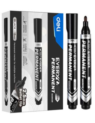 DLEU216-BK-12,Marker permanent negru varf rotund 2.5mm Deli - Set 12