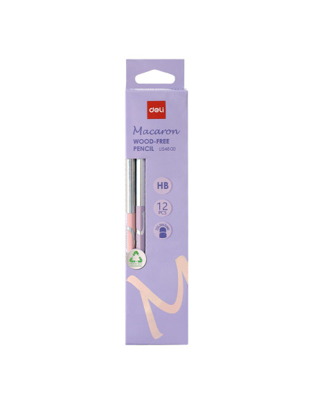 DLEU54800-12,Creion grafit cu guma fara lemn hb macarons Deli - Set 12