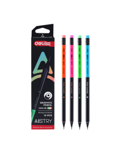 DLEC019HB-12,Creion grafit cu guma lemn negru hb Deli - Set 12