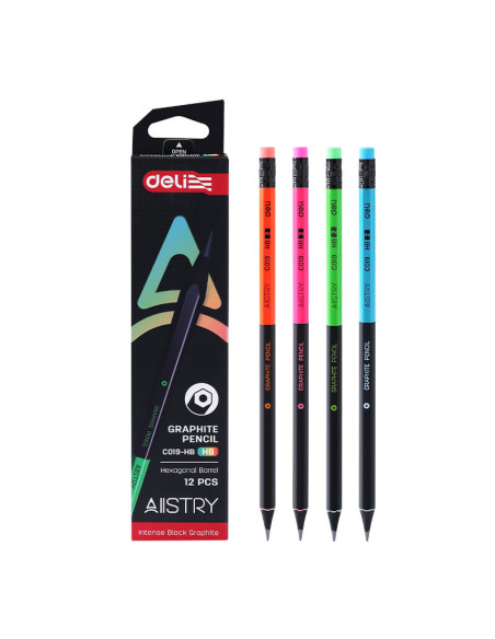 DLEC019HB-12,Creion grafit cu guma lemn negru hb Deli - Set 12