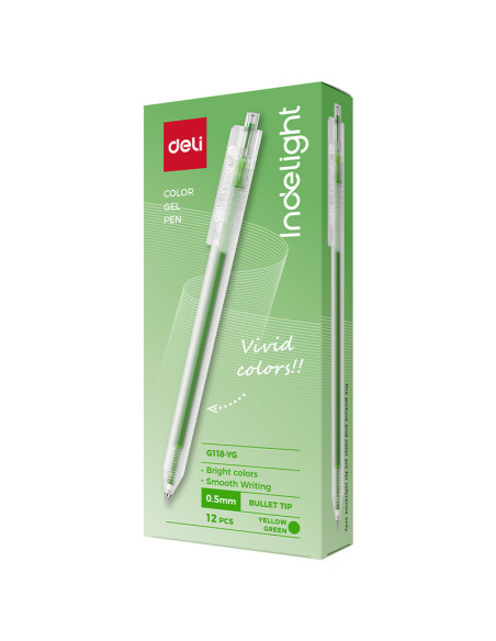 DLEG118-YG-12,Pix cu gel cu mecanism 0.5mm vernil Deli - Set 12