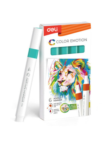 DLEC193A-CB-6,Marker acrilic albastru cyan color emotion Deli - Set 6