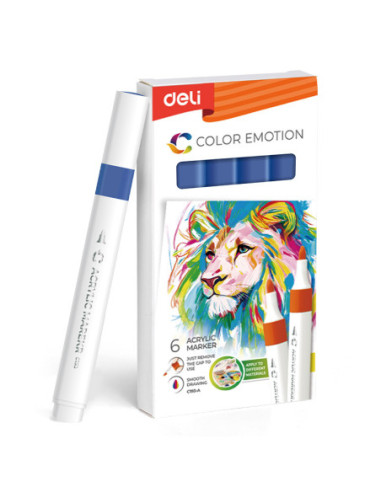 DLEC193A-DB-6,Marker acrilic albastru inchis color emotion Deli - Set 6